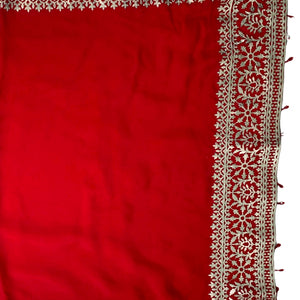 Beautiful Red Raw Silk Saree Trimmed With Leather Patch Work