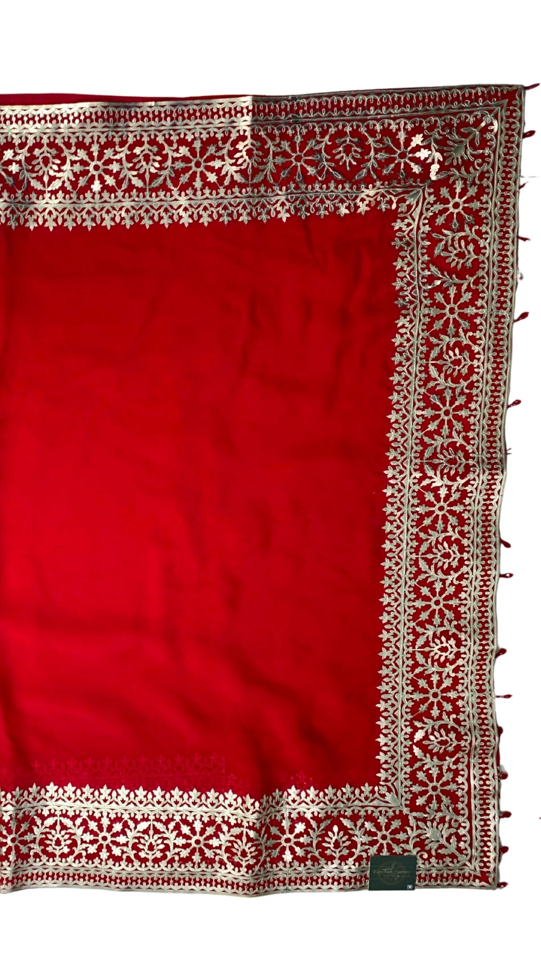 Beautiful Red Raw Silk Saree Trimmed With Leather Patch Work