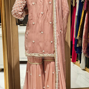 Peach Georgette Indowestern Top and Bottom with Pearl and Thread Work with Dupatta