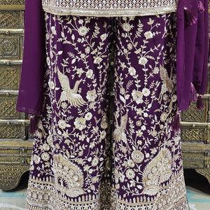 Purple Georgette Indowestern Top and Bottom with Resham,Cutdana, Pearl and Sequins Work and Dupatta