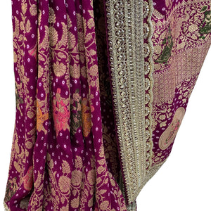 Red Georgette Unstitched Saree with Zari, Cutdana & Sequins Work and Heavy Lace Border