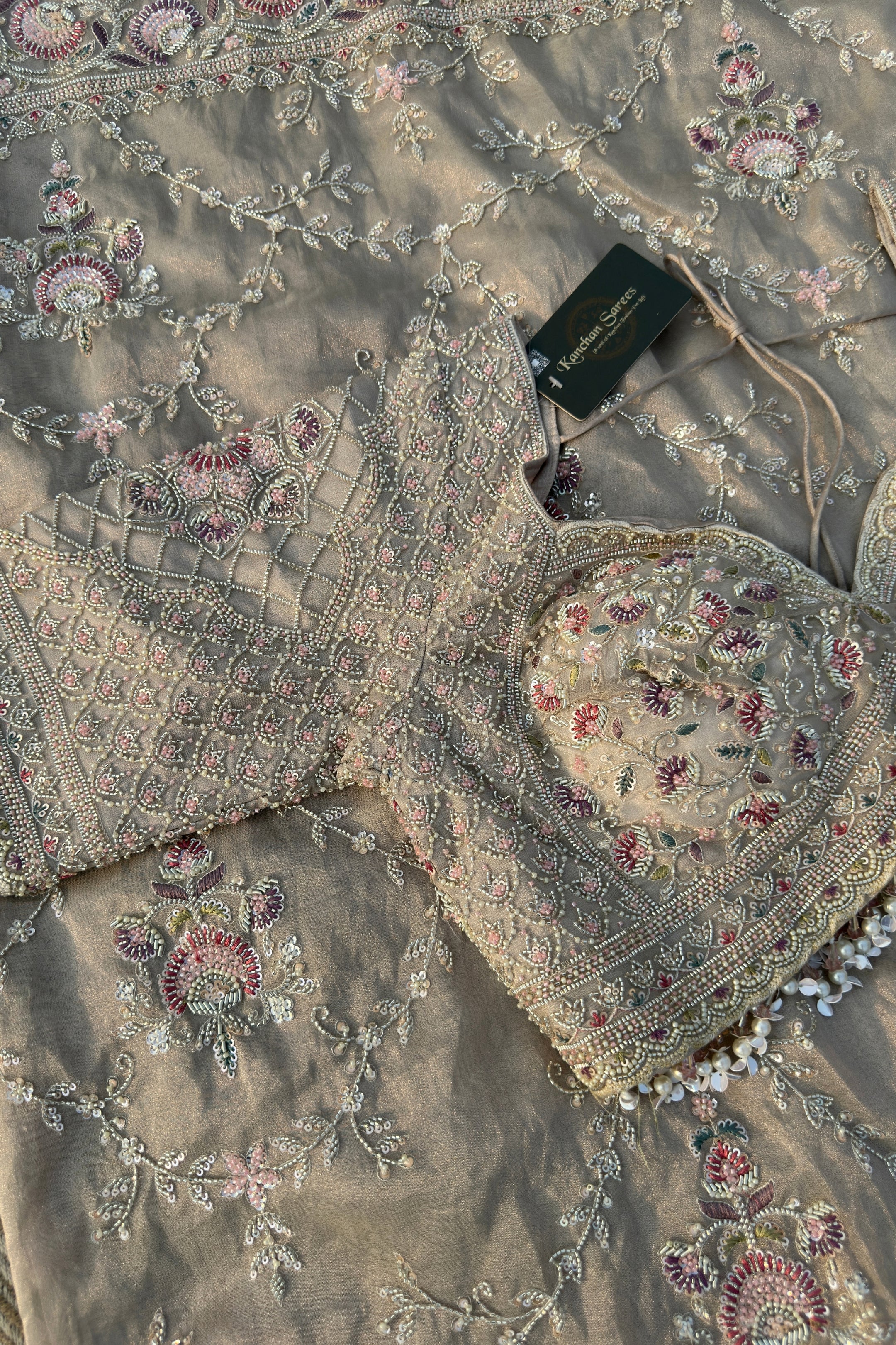 Tussar Tissue Saree Embellished With Sequins & Cut Dana Work