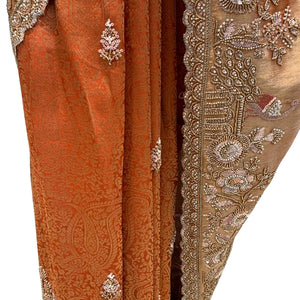 Rust Tissue Saree Embellished With Sequins, Moti & Cut Dana Work
