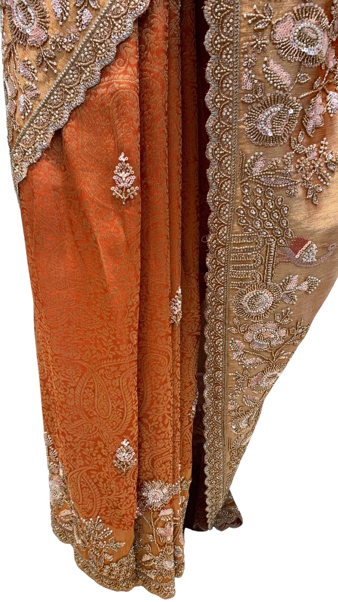 Rust Tissue Saree Embellished With Sequins, Moti & Cut Dana Work