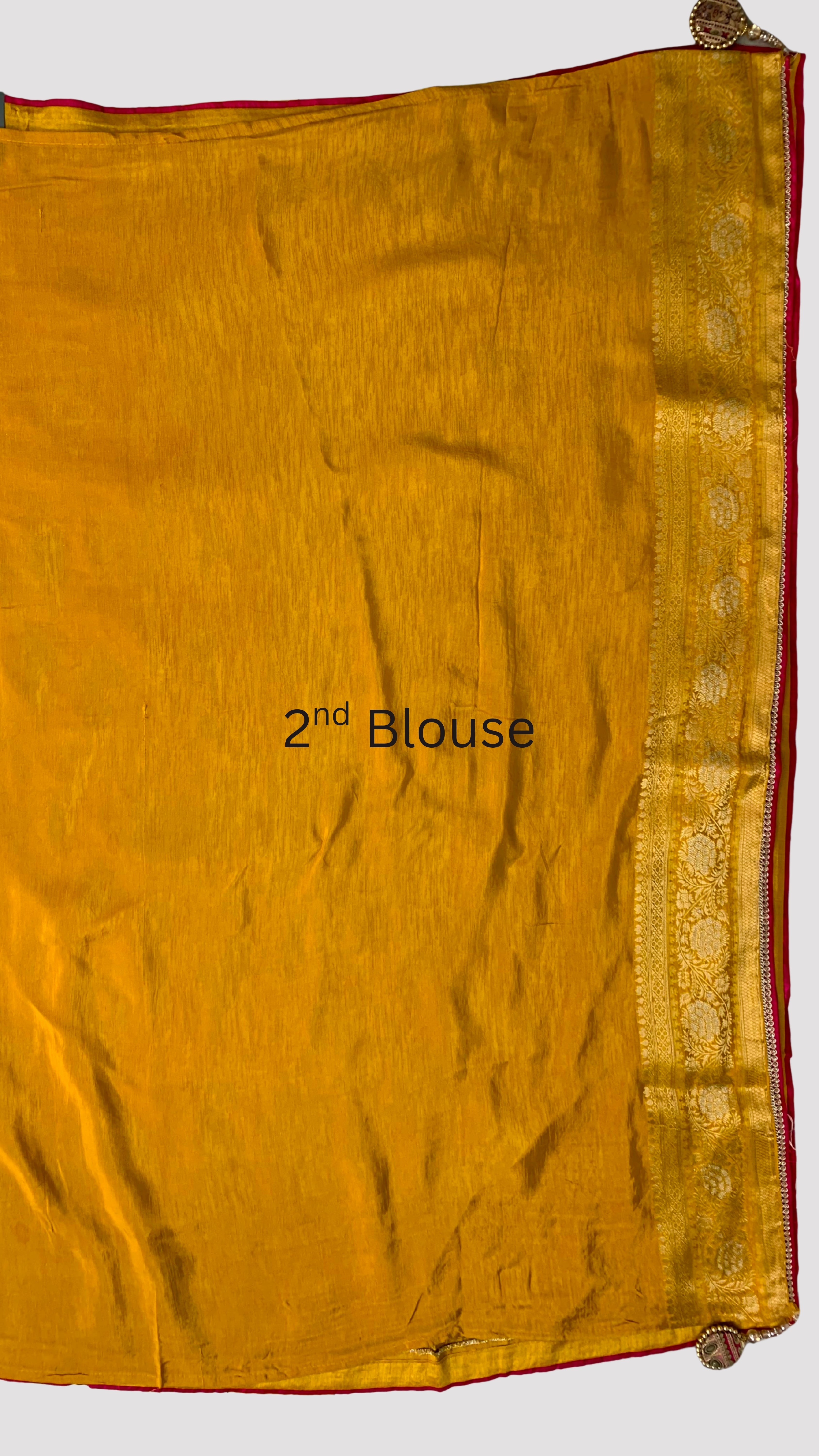 Yellow Banarasi Silk Saree with Stitched Pink Blouse and Weaving Work