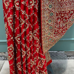 Red Bridal Satin Unstitched Saree with Zarkan & Cut Dana Work