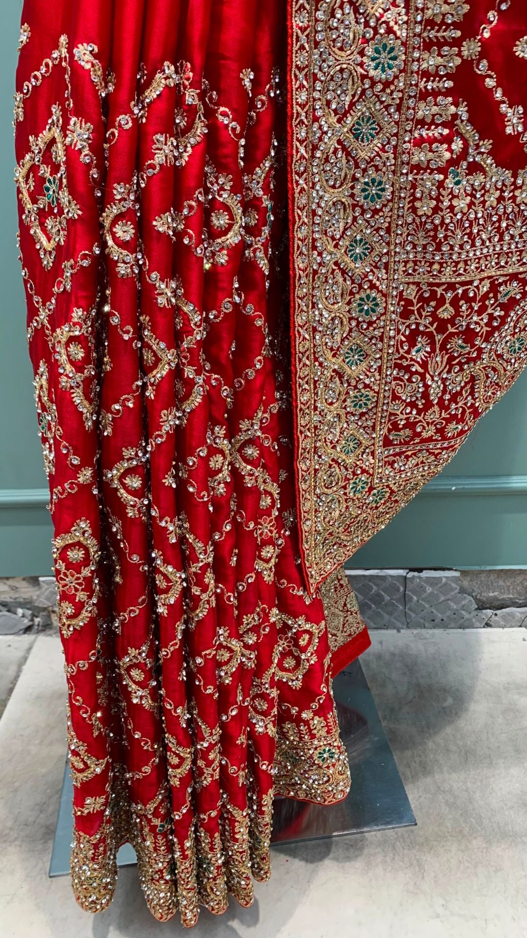 Red Bridal Satin Unstitched Saree with Zarkan & Cut Dana Work