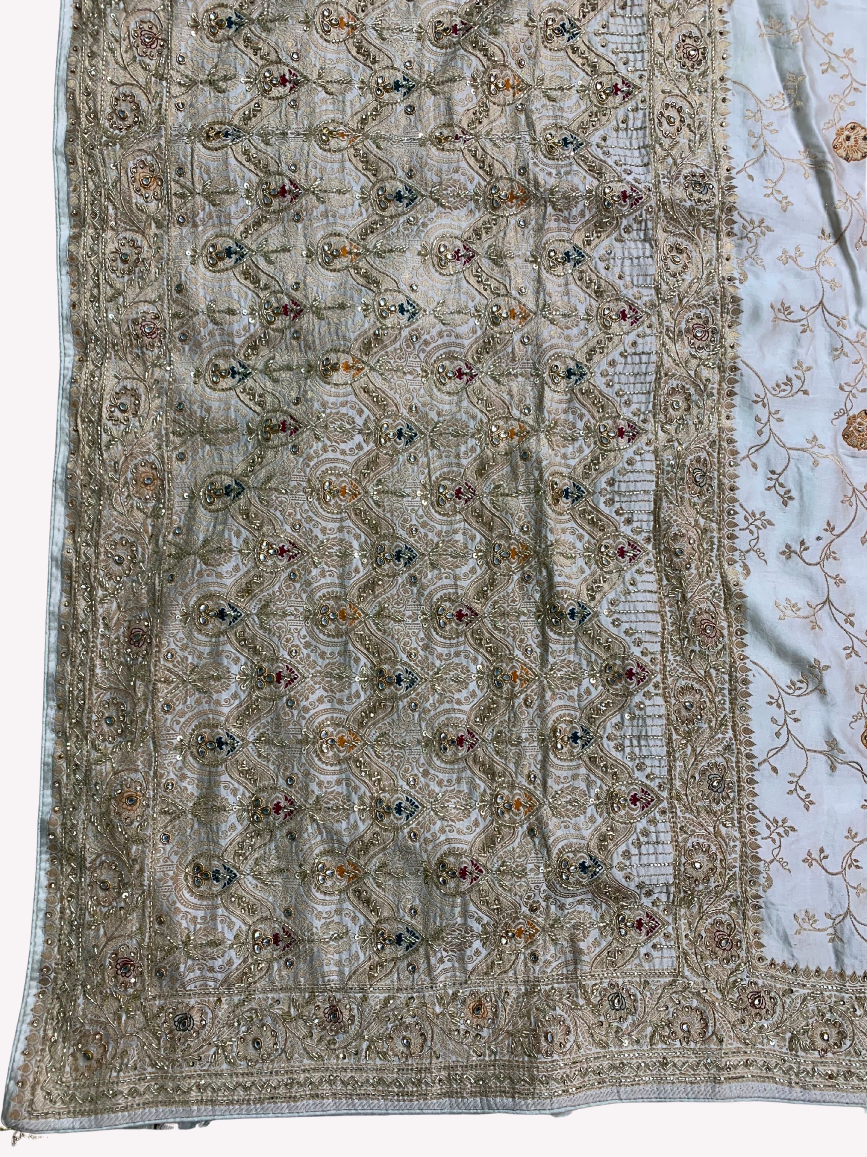 Ivory Silk Unstitched Saree Embellished With Sequins, Cutdana, Zarkan, Dabka & Stone Work