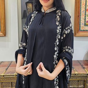 Black Chinon Indowestern Top,Jacket,Bottom and Dupatta with Sequins and Cutdana Work