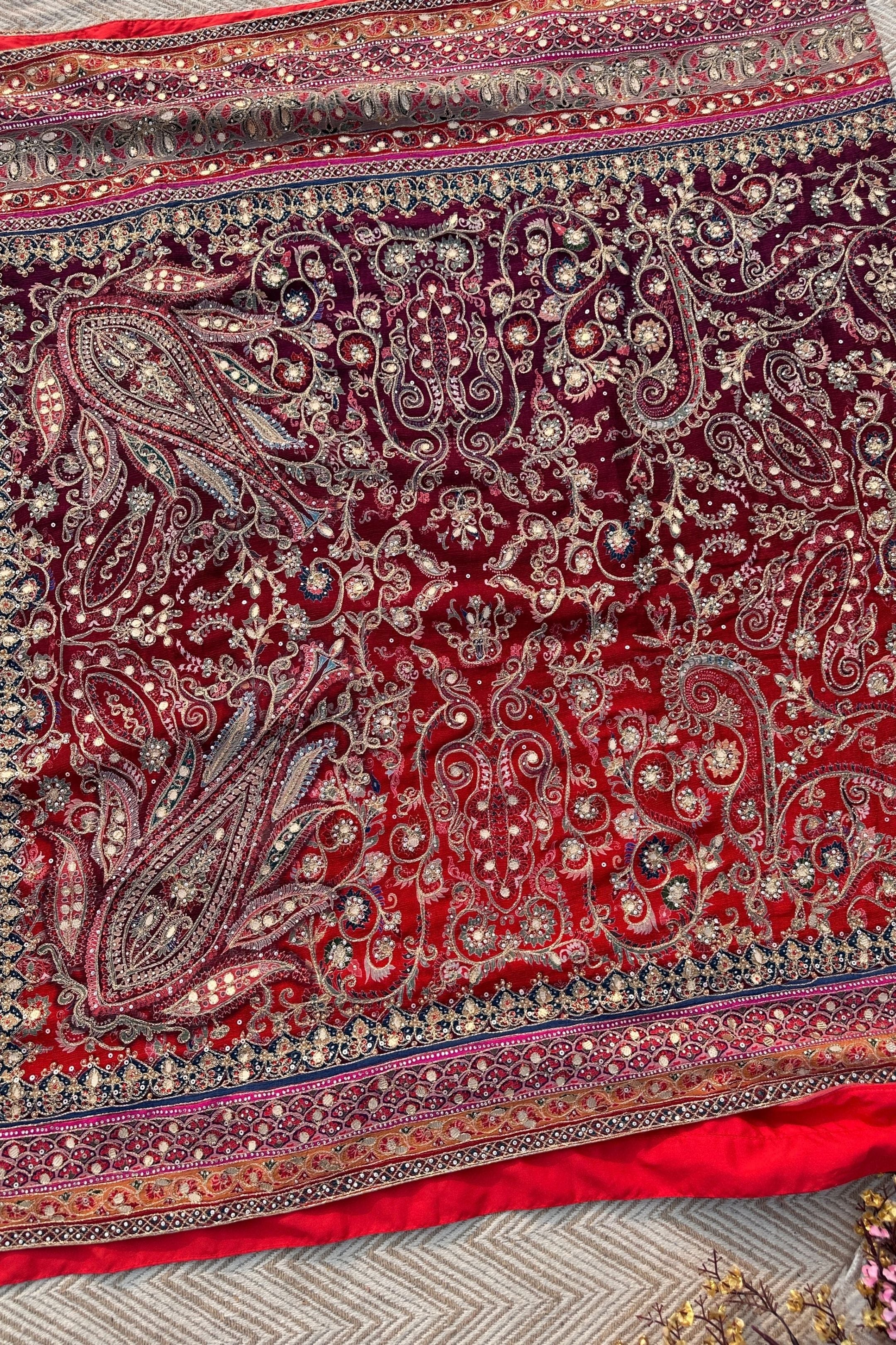 Maroon Chinon Saree Embellished With Zari, Swarovski & Chandla Work