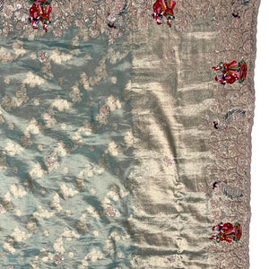 Sage Green Pure Tissue Banarasi Unstitched Saree with Sequins, Zari, Moti & Dori Work