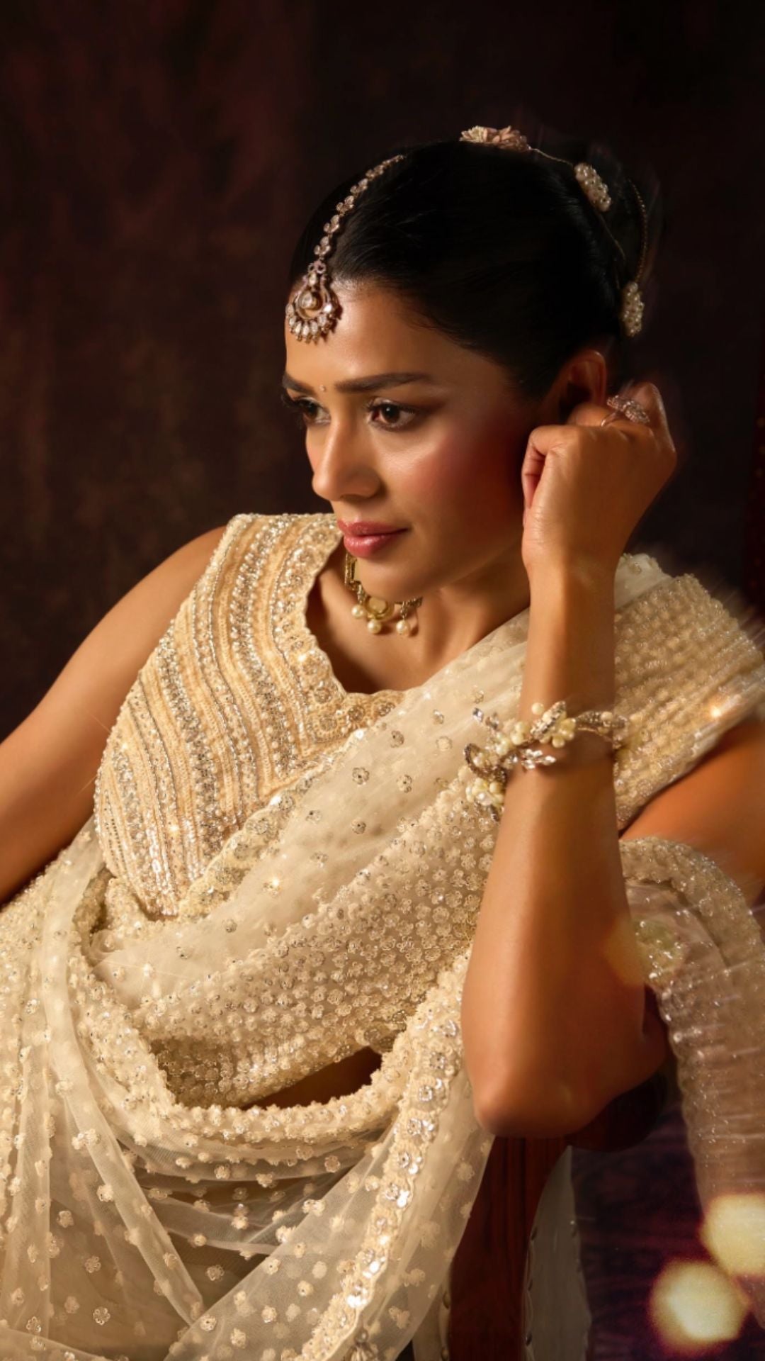 Cream Net Saree With Beads, Sequins and Moti Work