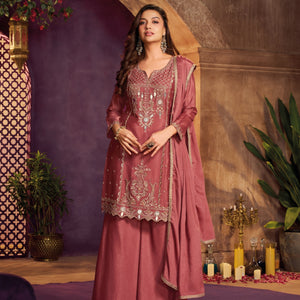 Rose Pink Chinon Suit, Sharara And Dupatta with Zari, Cutdana, Sequins and Mirror Work