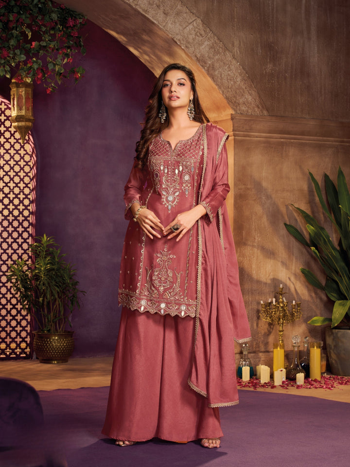 Rose Pink Chinon Suit, Sharara And Dupatta with Zari, Cutdana, Sequins and Mirror Work