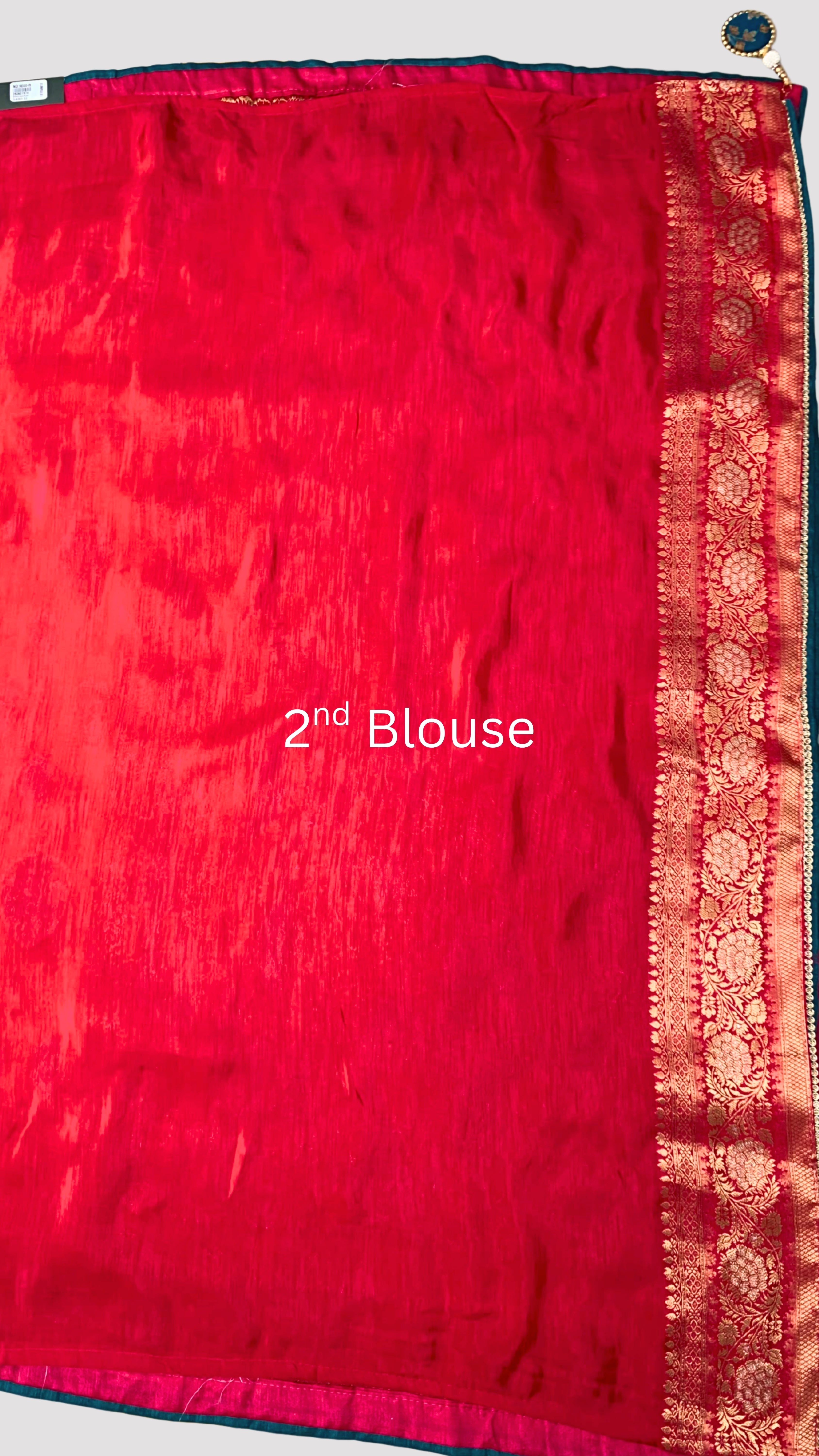 Red Banarasi Silk Saree with Stitched Pink Blouse and Weaving Work