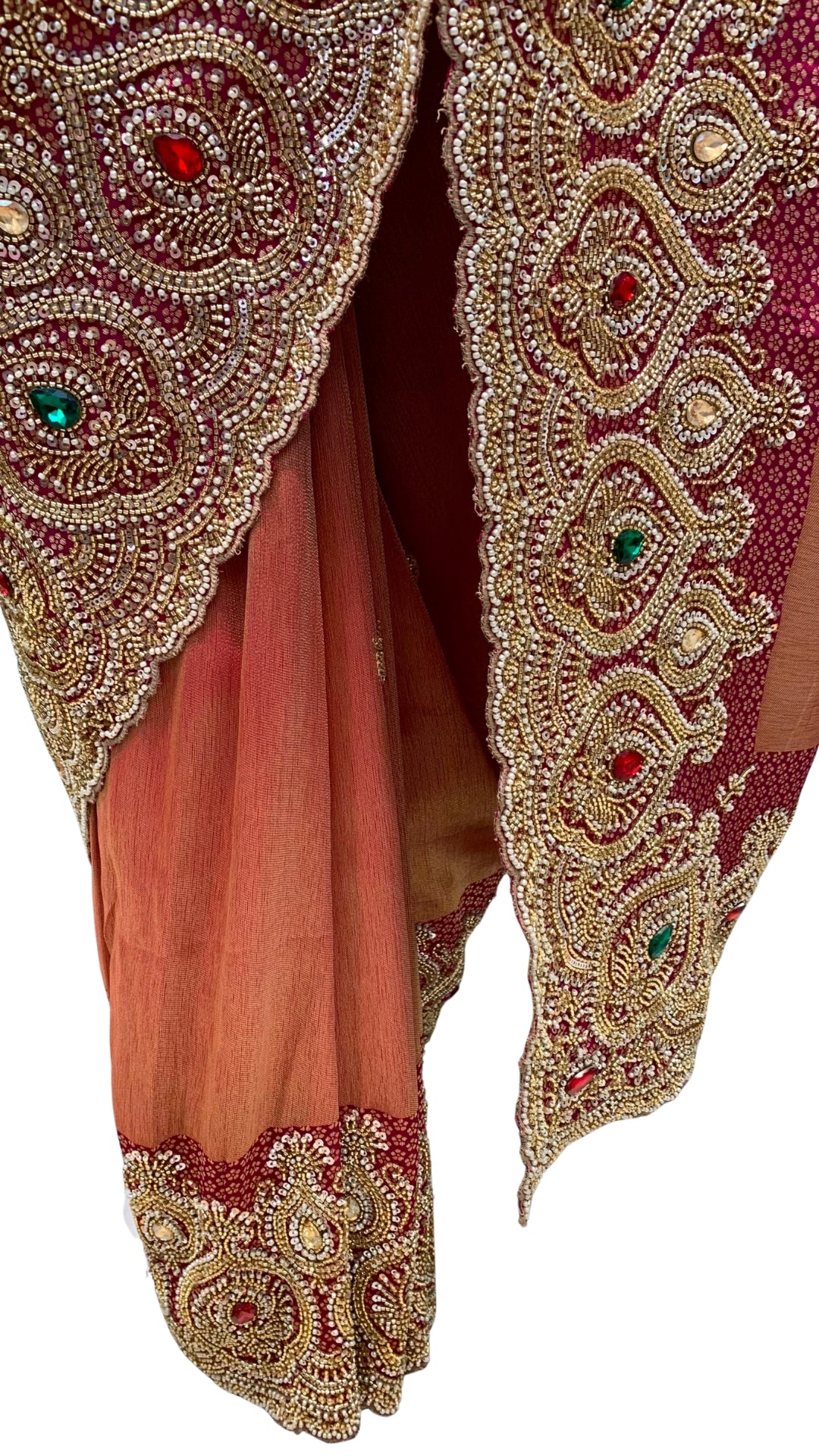 Beautiful Copper Peach Banarasi Saree Embellished With Sequins & Cut Dana Work