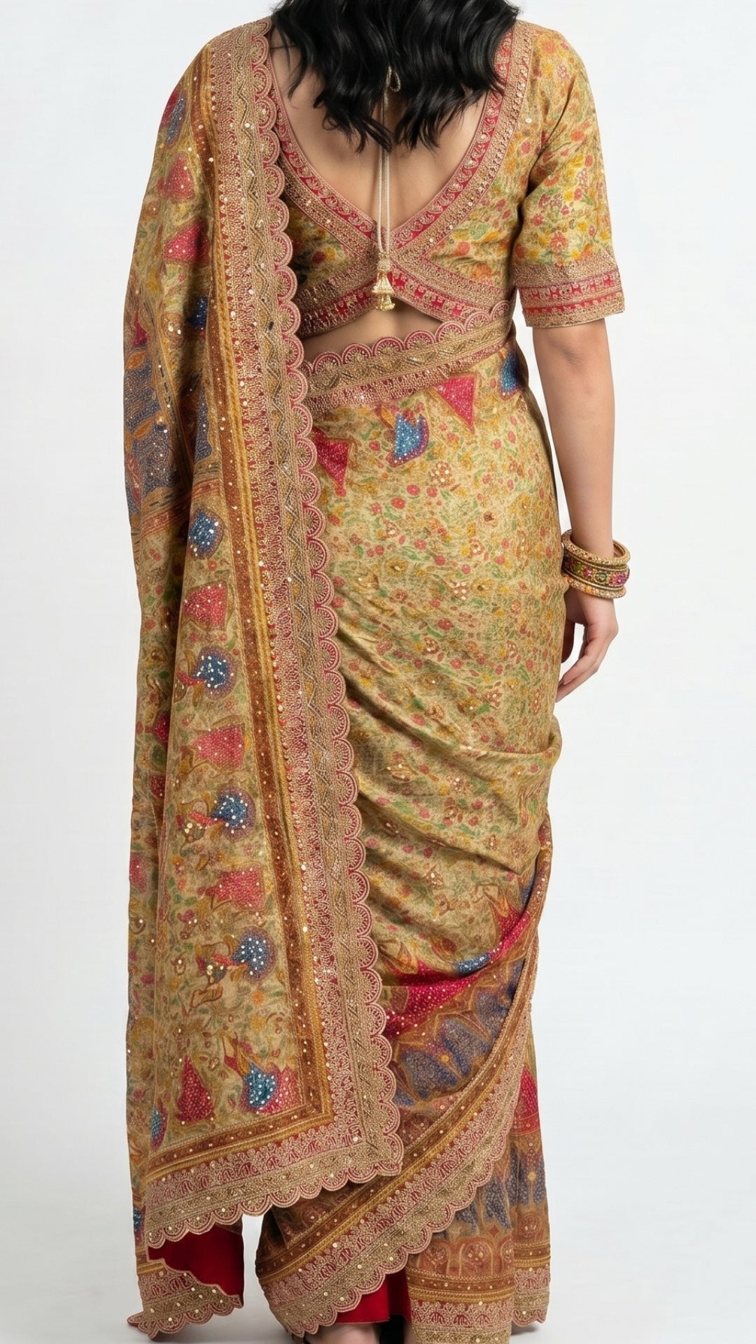 Champagne Gold Tissue Silk Saree with Mirror & Kundan Work