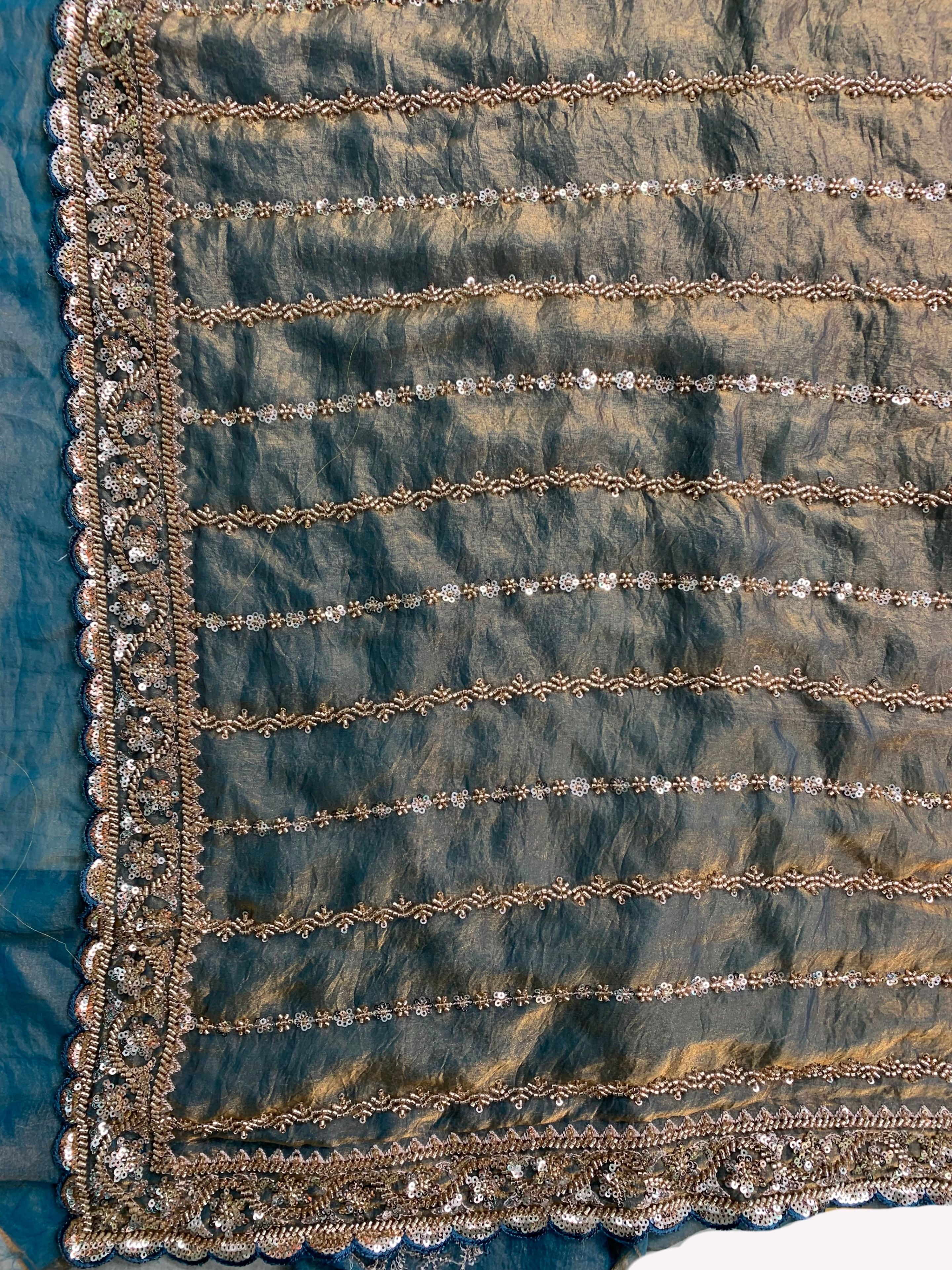Olive Tissue Unstitched Saree Embellished With Sequins & Cutdana