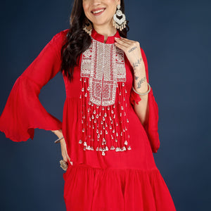 Red Chinon Peplum Suit Set with Cutdana, Sequins and Pearl Embroidery