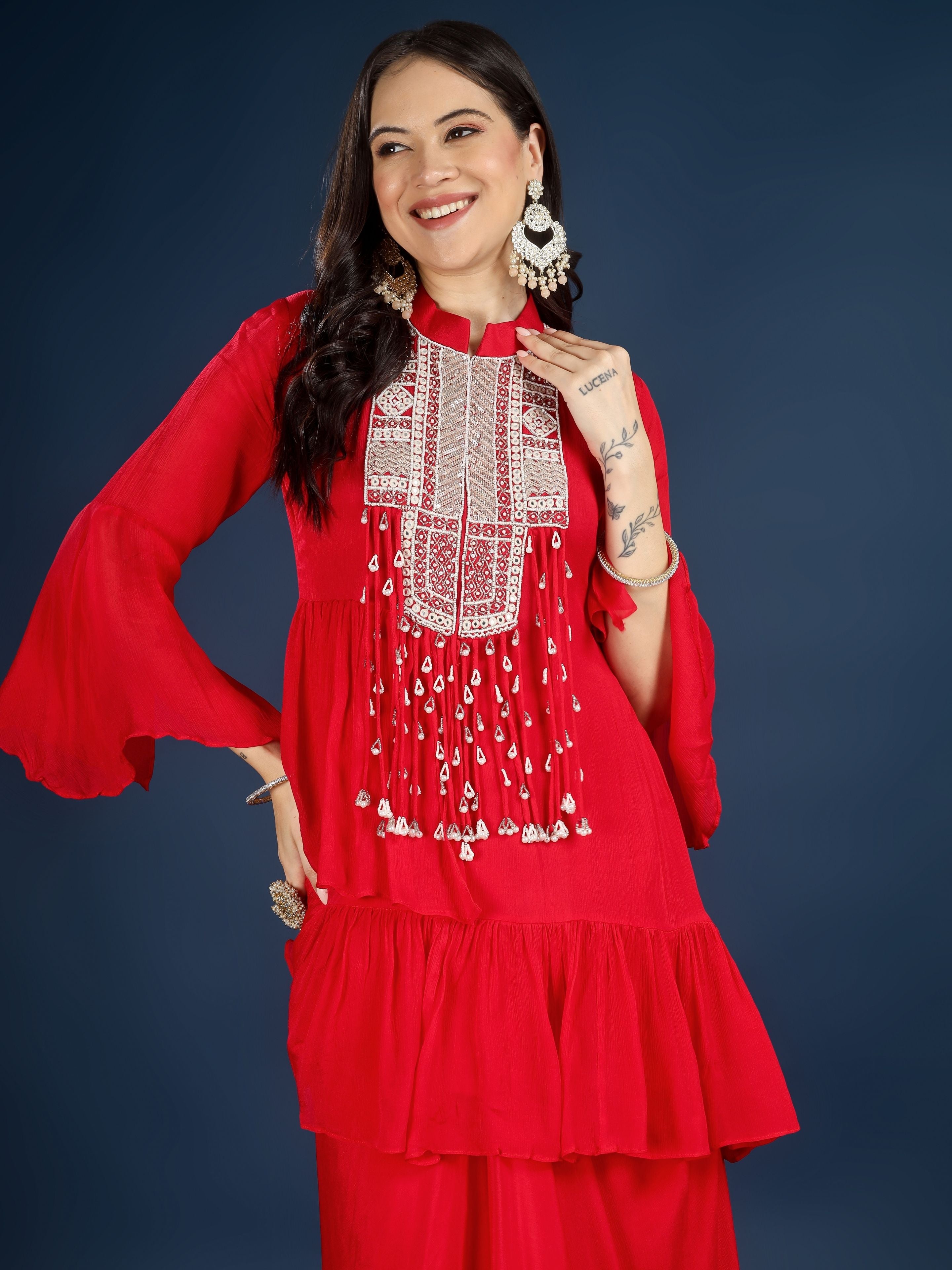 Red Chinon Peplum Suit Set with Cutdana, Sequins and Pearl Embroidery