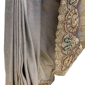Golden Ivory Tissue Unstitched Saree with Zardozi, Pearl, Sequins & Dabka Work
