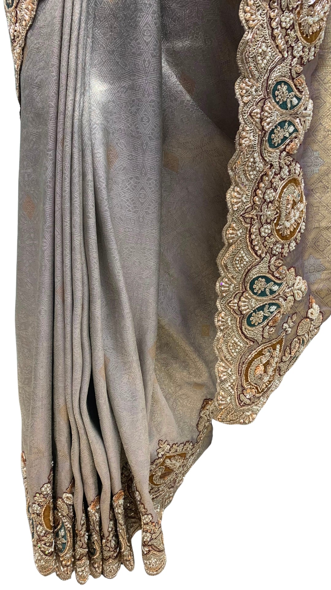 Golden Ivory Tissue Unstitched Saree with Zardozi, Pearl, Sequins & Dabka Work