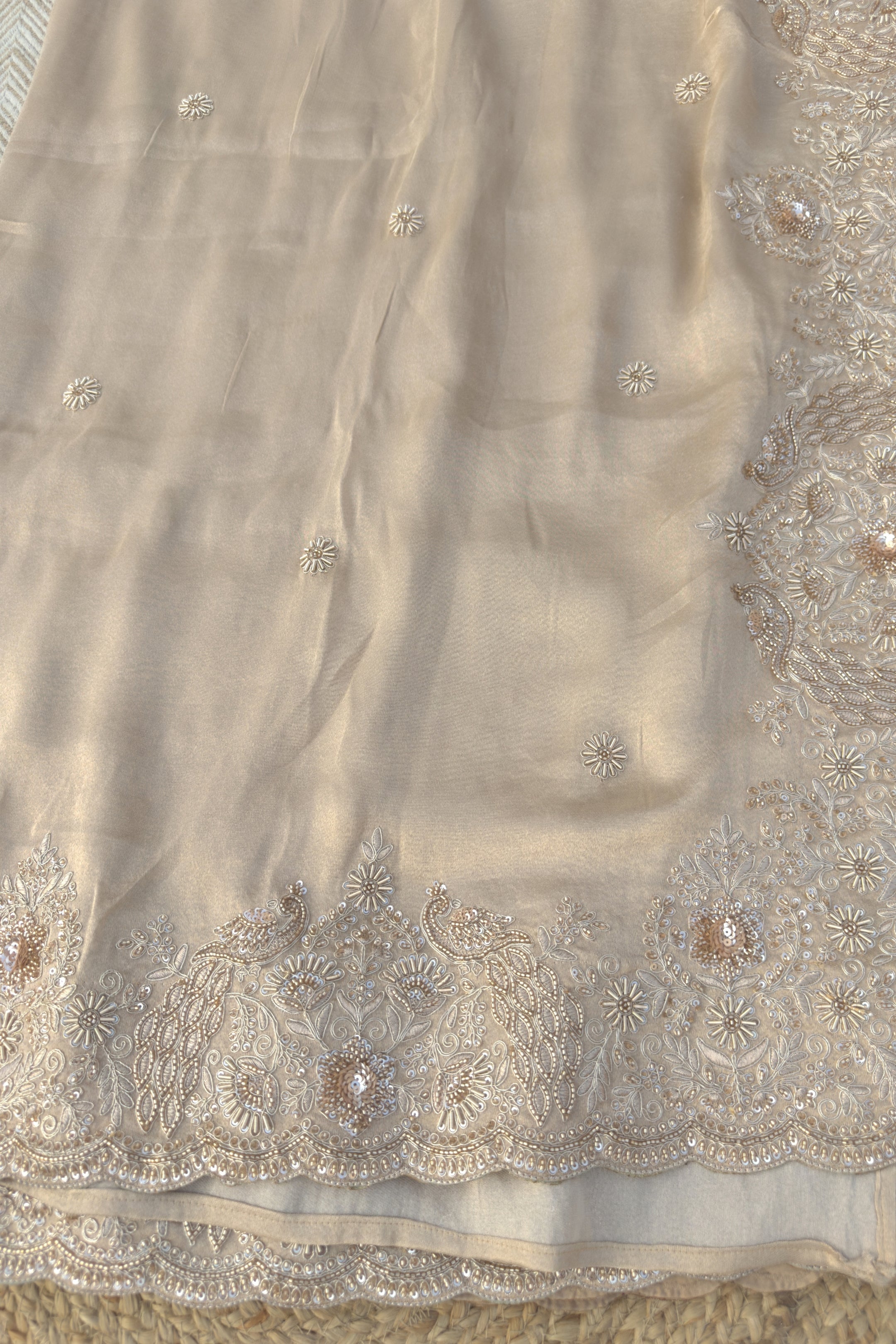 Fawn Tissue Saree Embellished With Zari, Sequins & Cut Dana Work