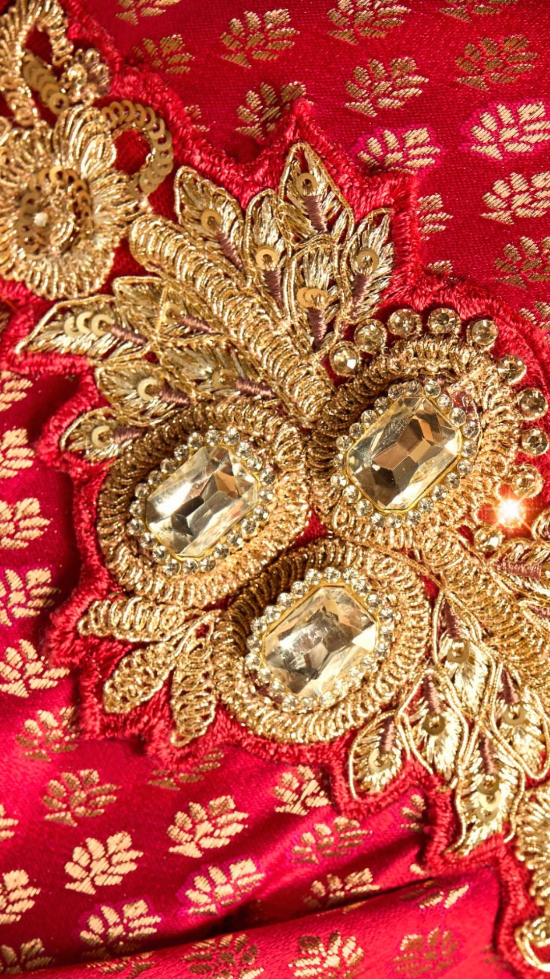 Red Satin Embroidered Saree With Rani Blouse