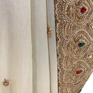 Golden Ivory Tissue Saree Embellished With Sequins, Moti & Cut Dana Work