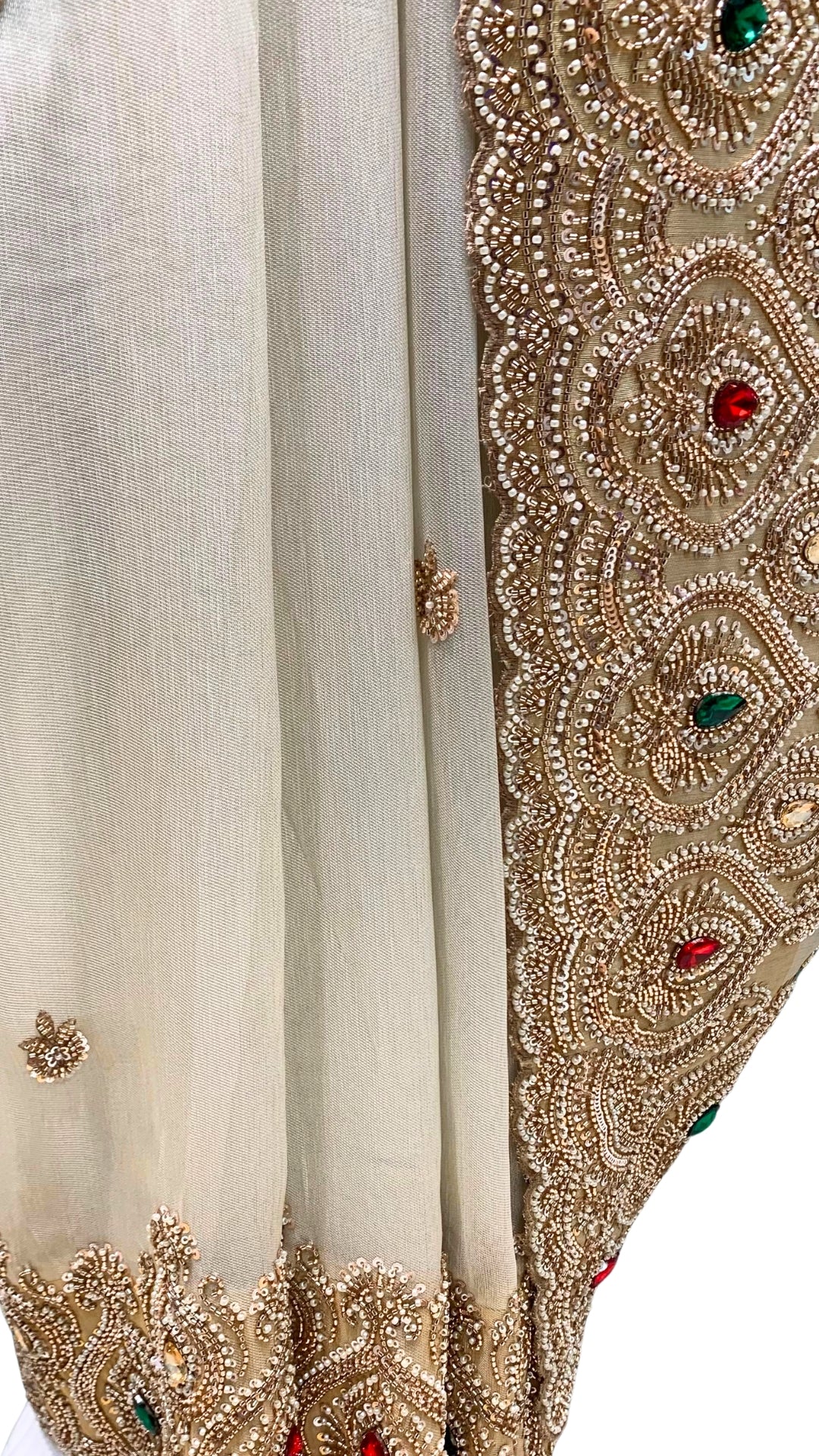 Golden Ivory Tissue Saree Embellished With Sequins, Moti & Cut Dana Work