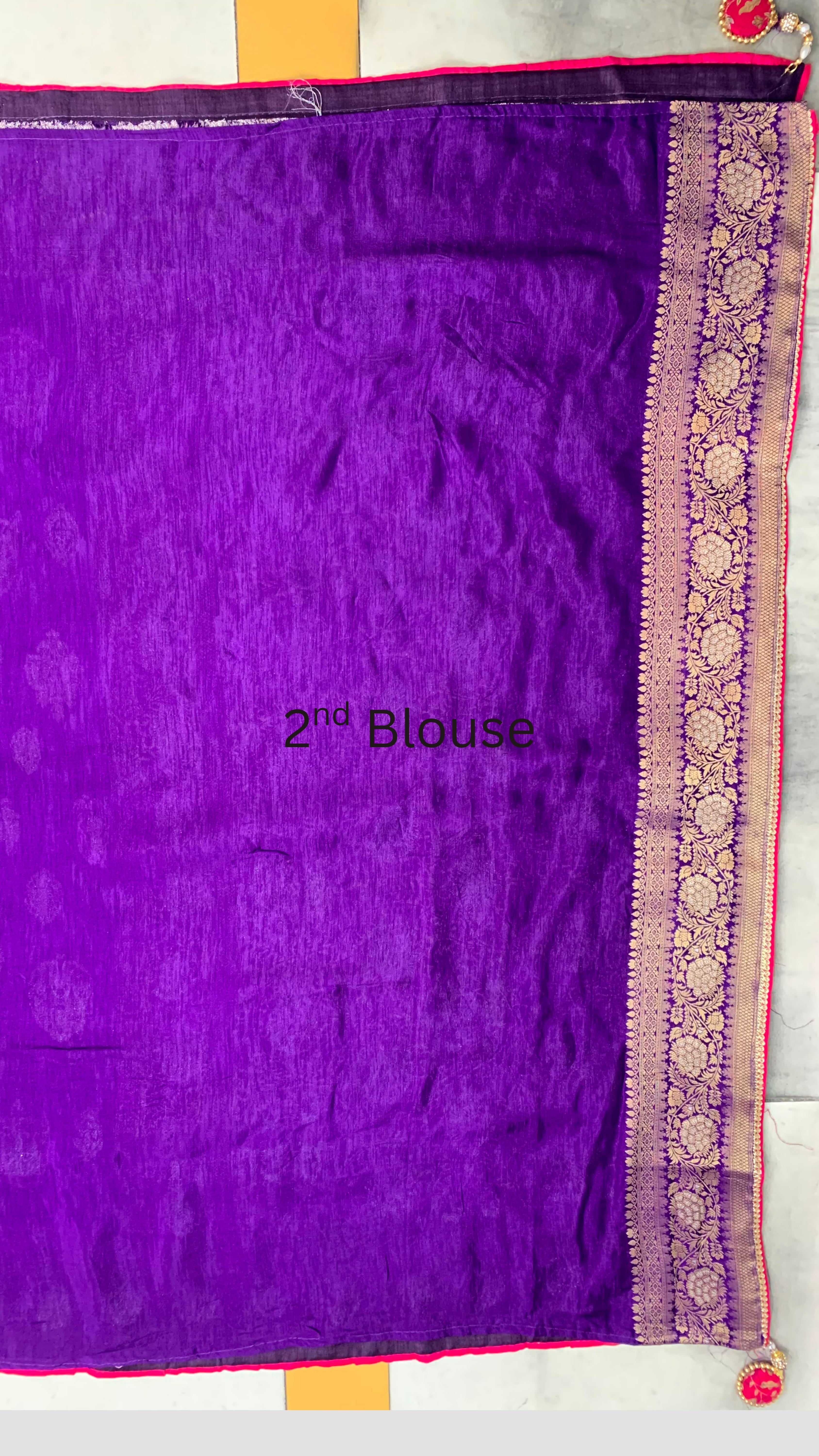 Purple Banarasi Silk Saree with Stitched Pink Blouse and Weaving Work