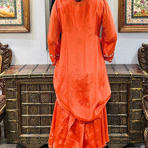 Orange Chinon Indowestern Top,Bottom and Dupatta with Swarovski,Sequins and Pearl Work