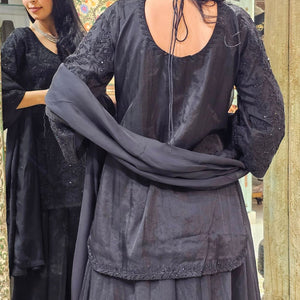 Black Organza Indowestern Top,Bottom and Dupatta with Cutdana and Dori Work