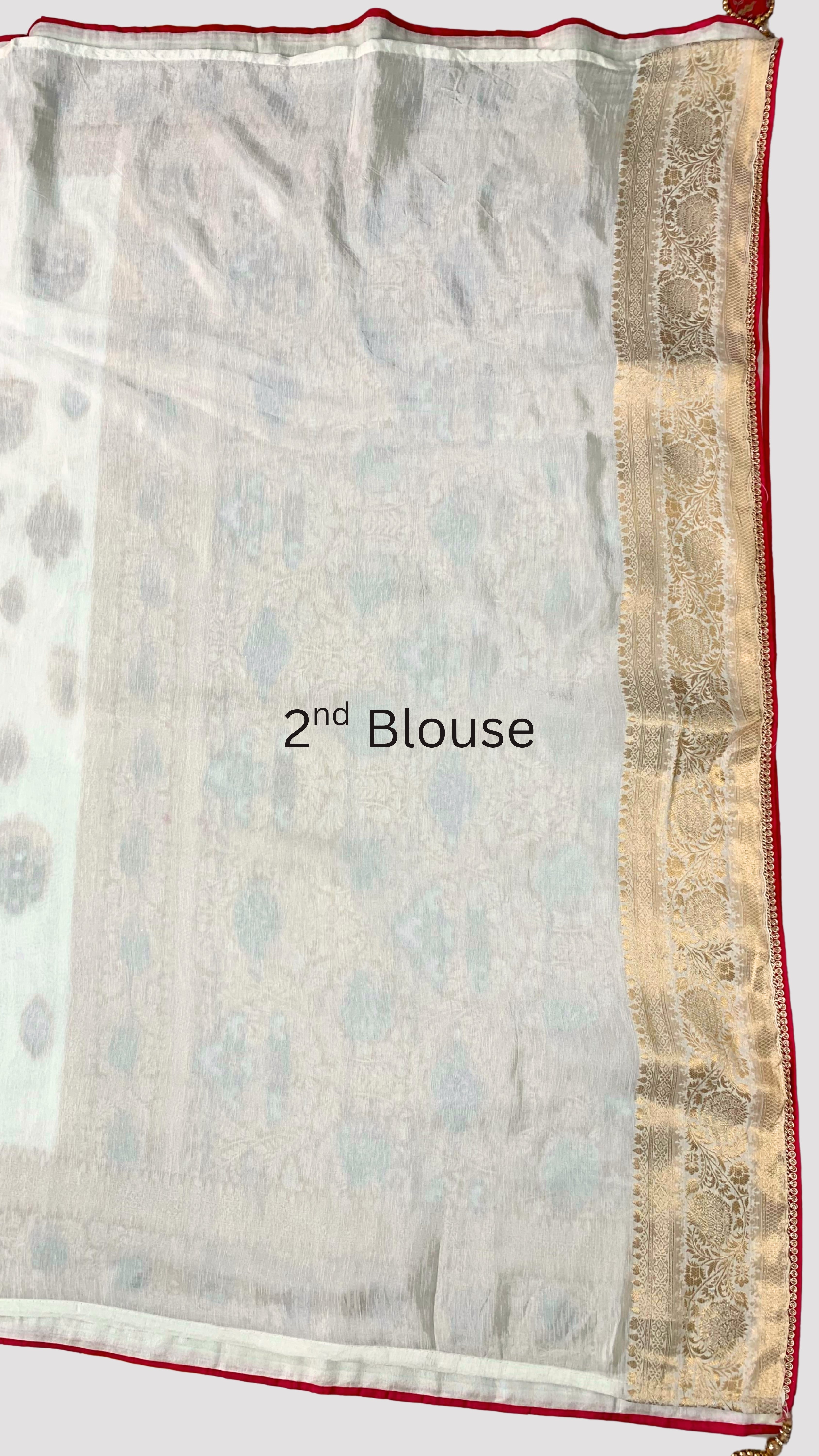 Ivory Banarasi Silk Saree with Stitched Pink Blouse and Weaving Work