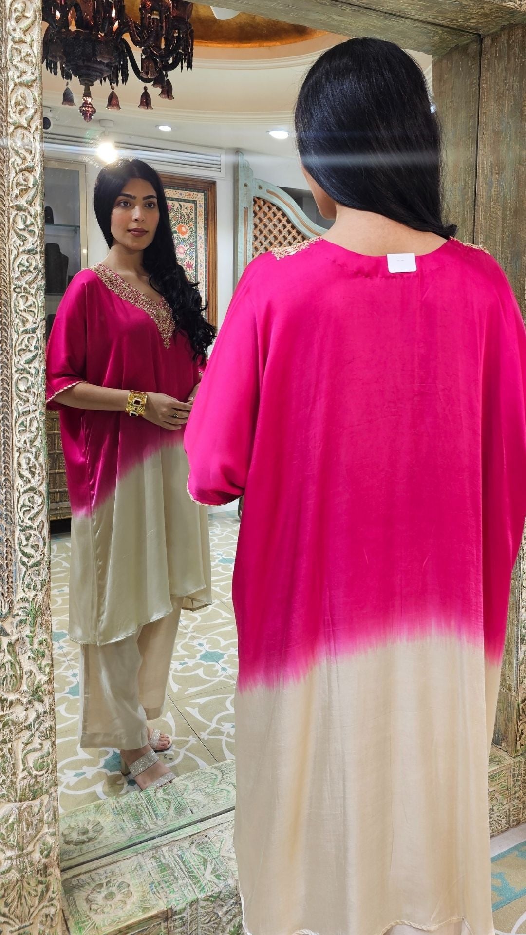 Ombre Pink Satin Crepe Indowestern Kaaftan and Bottom with Gota and Pearl Work