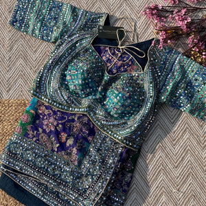 Peacock Chinon Saree with Blouse with Zari, Mirror, Stone and Printed Embroidery 1