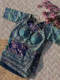 Peacock Chinon Saree with Blouse with Zari, Mirror, Stone and Printed Embroidery