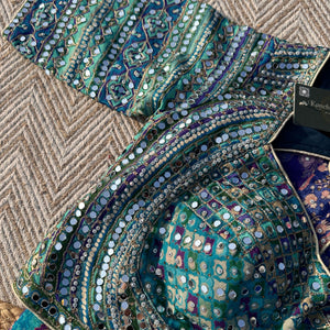 Peacock Chinon Saree with Blouse with Zari, Mirror, Stone and Printed Embroidery 2