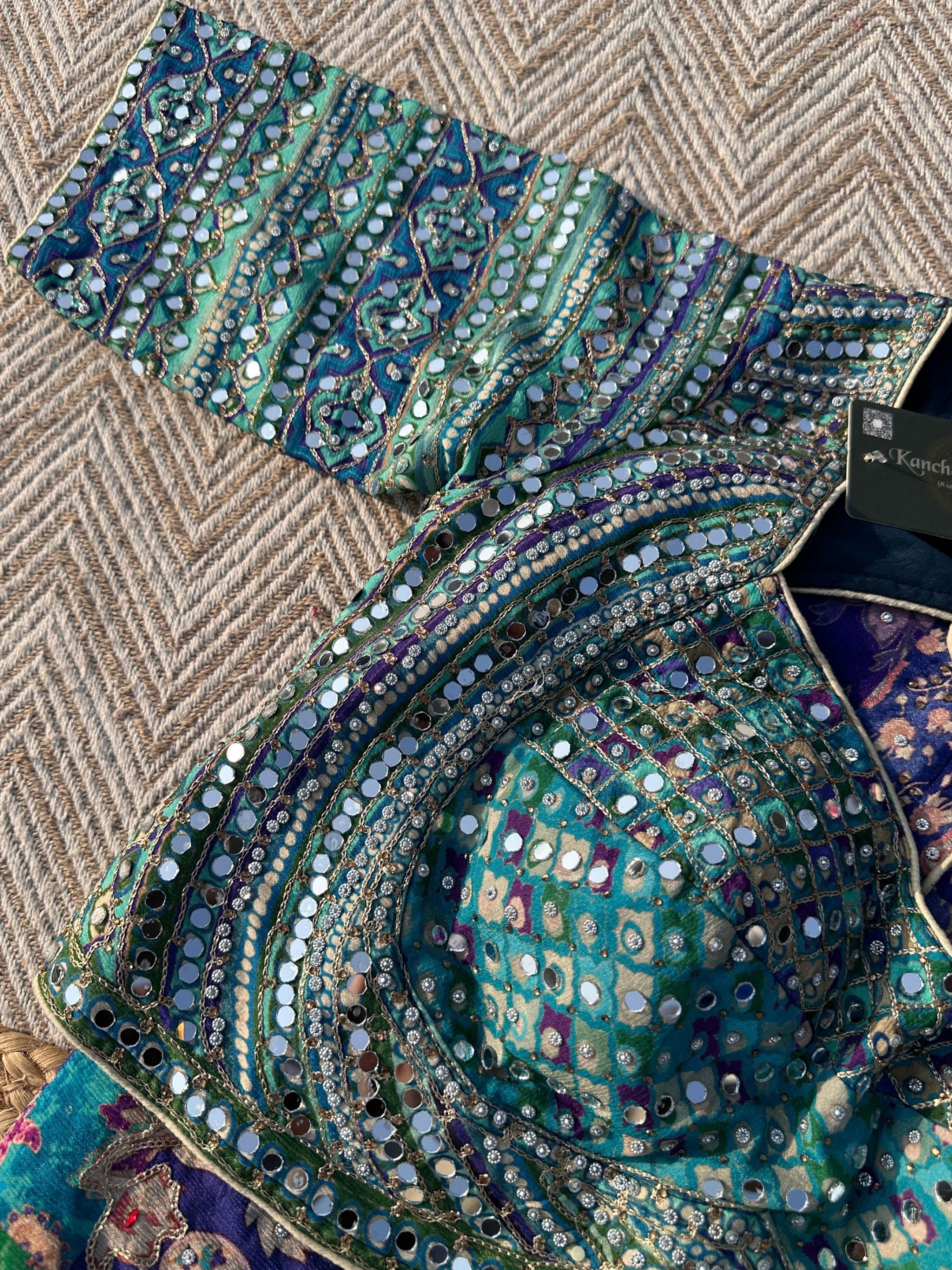 Peacock Chinon Saree with Blouse with Zari, Mirror, Stone and Printed Embroidery 2
