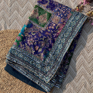 Peacock Chinon Saree with Blouse with Zari, Mirror, Stone and Printed Embroidery 3