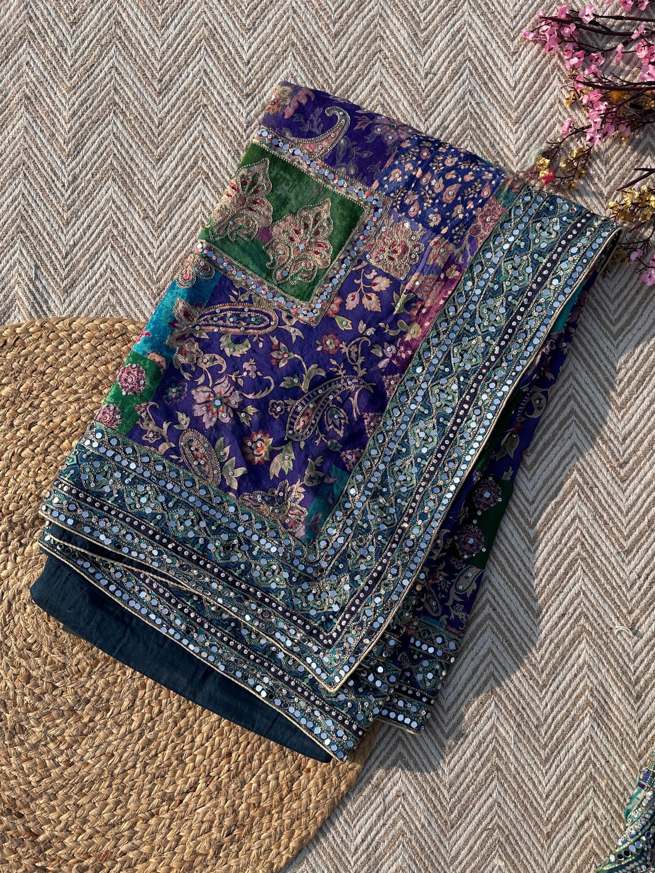 Peacock Chinon Saree with Blouse with Zari, Mirror, Stone and Printed Embroidery 3