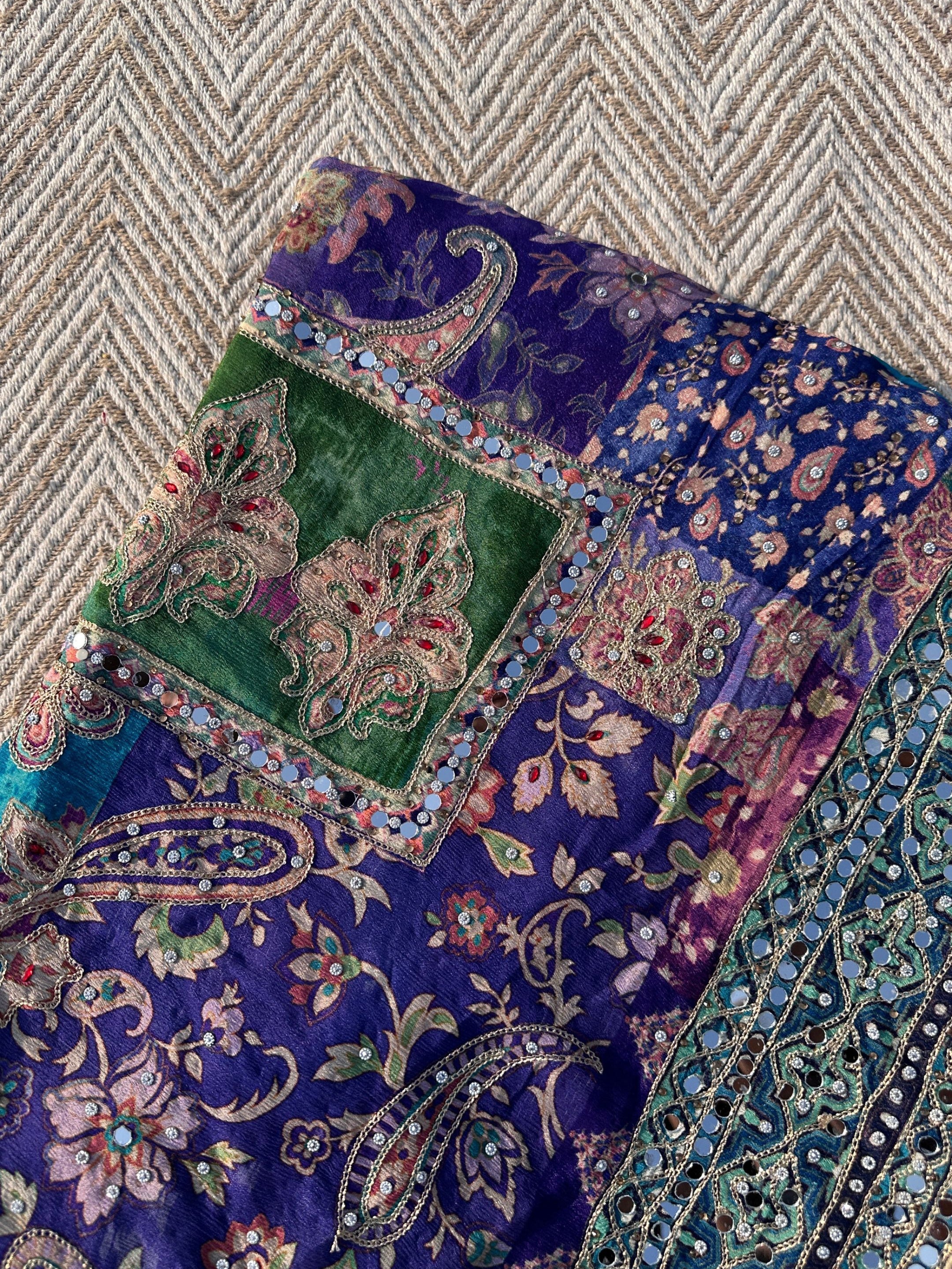 Peacock Chinon Saree with Blouse with Zari, Mirror, Stone and Printed Embroidery 4
