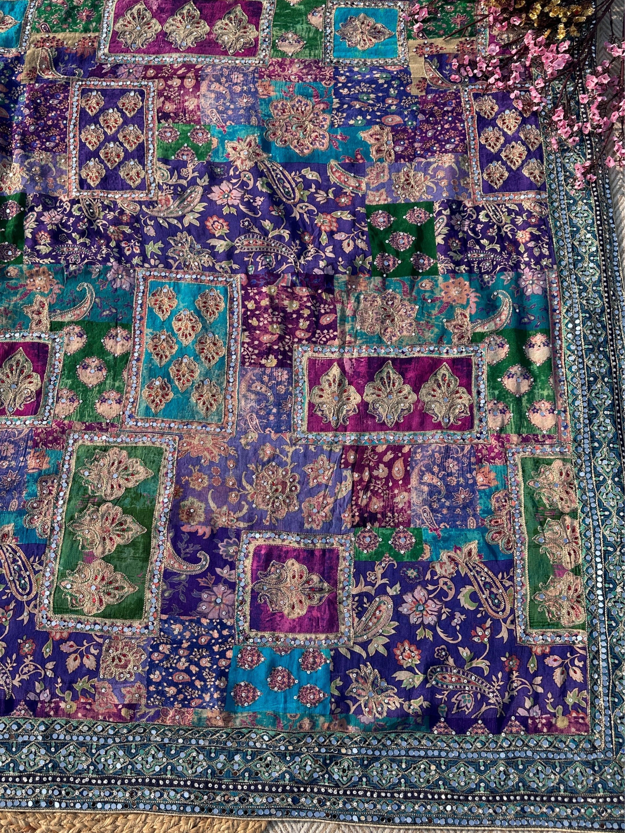 Peacock Chinon Saree with Blouse with Zari, Mirror, Stone and Printed Embroidery 5