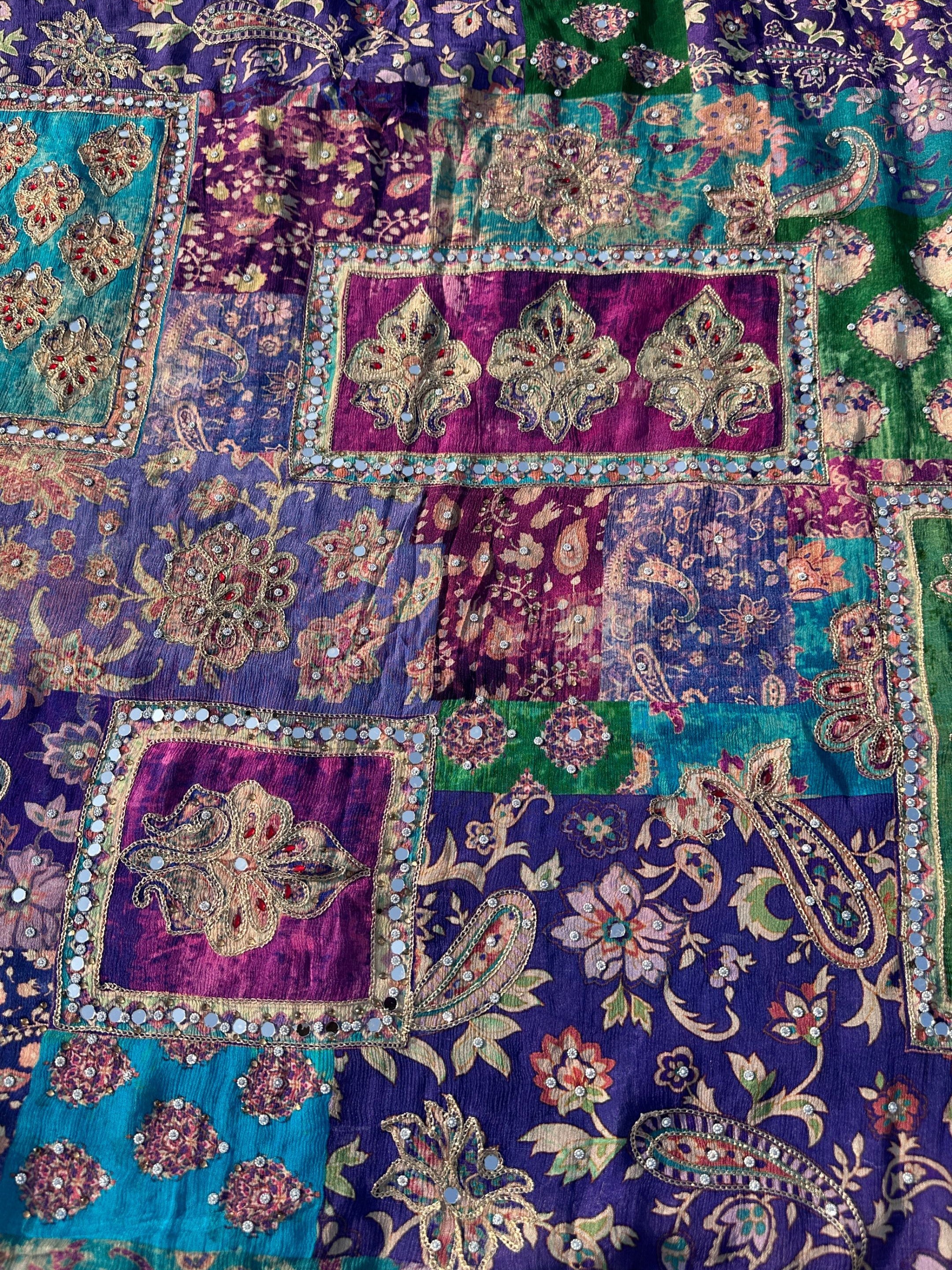 Peacock Chinon Saree with Blouse with Zari, Mirror, Stone and Printed Embroidery 6