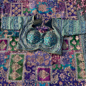 Peacock Chinon Saree with Blouse with Zari, Mirror, Stone and Printed Embroidery 7