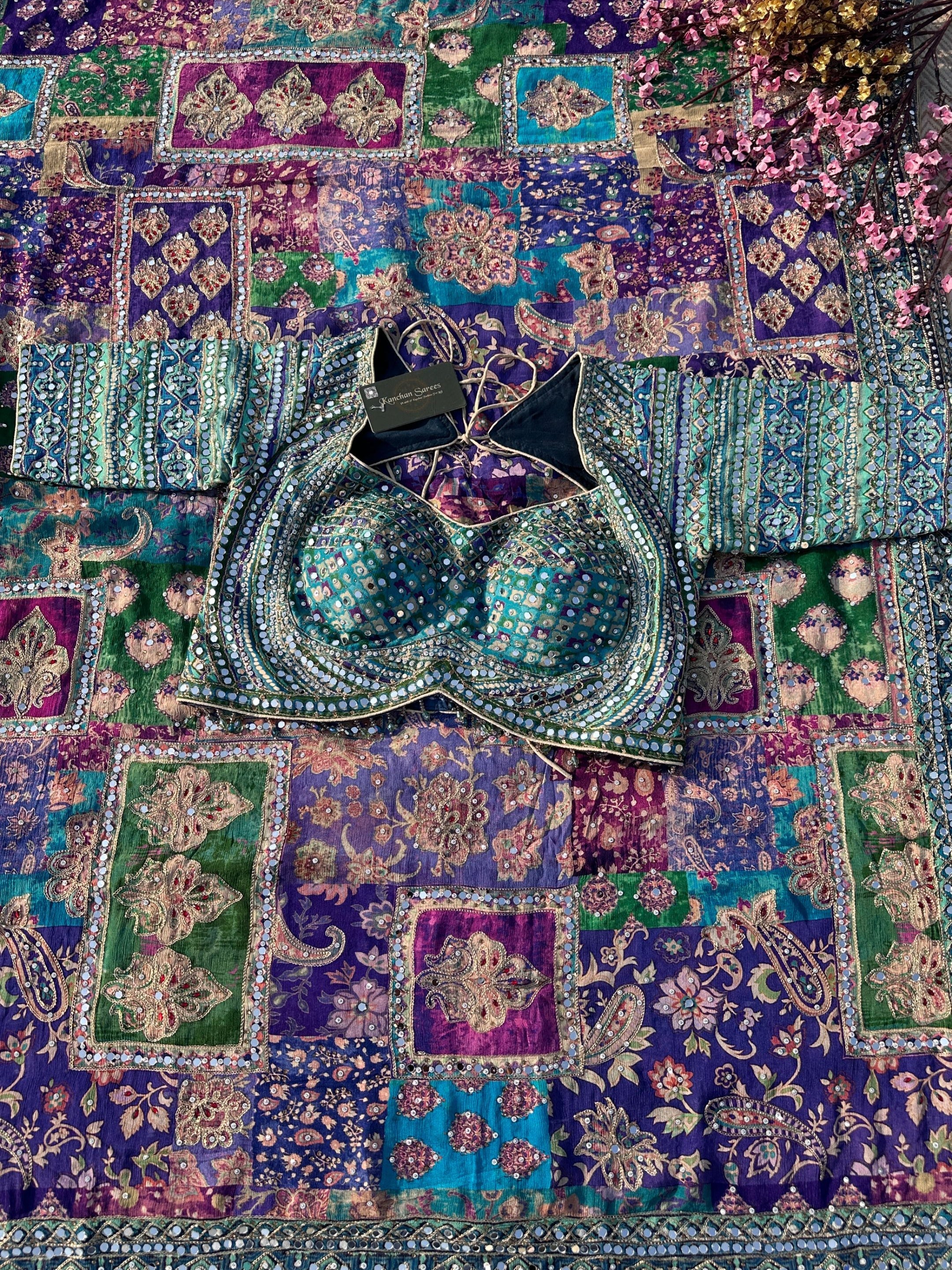 Peacock Chinon Saree with Blouse with Zari, Mirror, Stone and Printed Embroidery 7