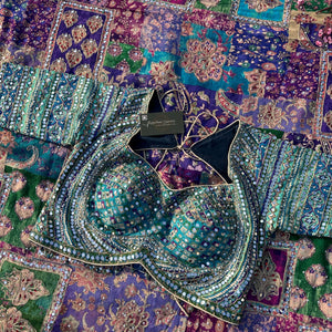 Peacock Chinon Saree with Blouse with Zari, Mirror, Stone and Printed Embroidery 8