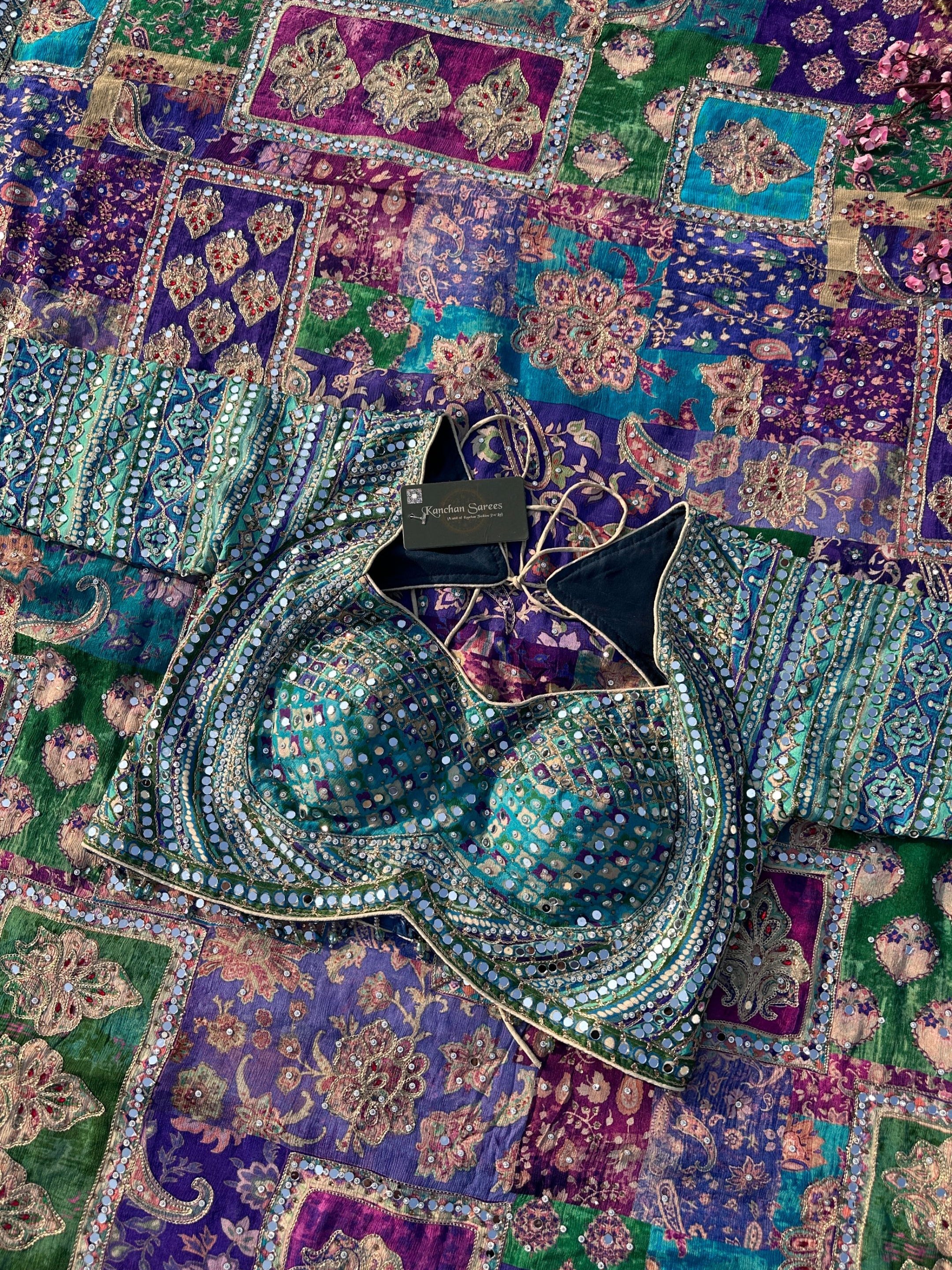 Peacock Chinon Saree with Blouse with Zari, Mirror, Stone and Printed Embroidery 8