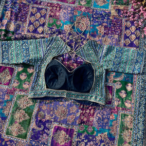 Peacock Chinon Saree with Blouse with Zari, Mirror, Stone and Printed Embroidery 9