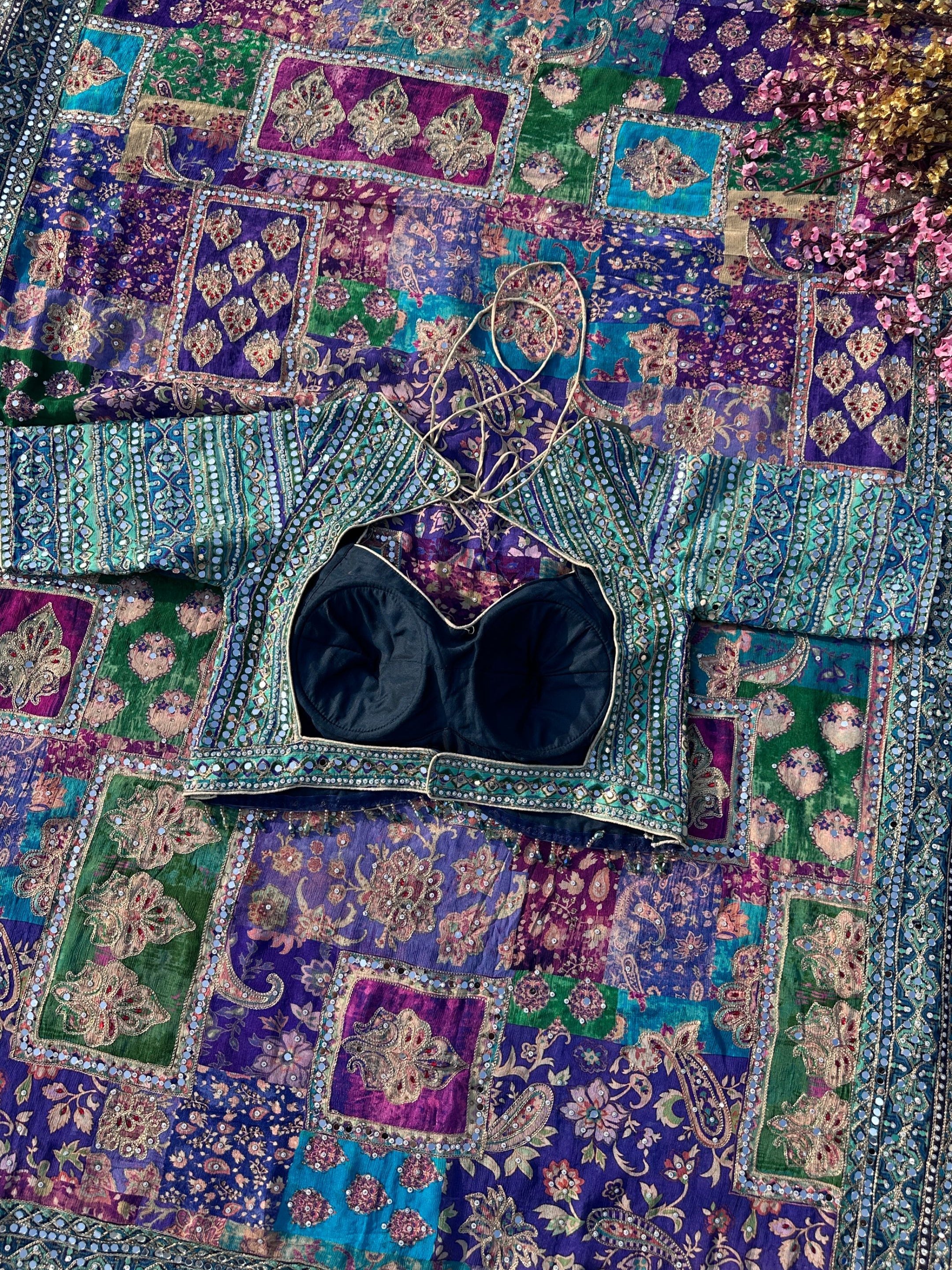 Peacock Chinon Saree with Blouse with Zari, Mirror, Stone and Printed Embroidery 9